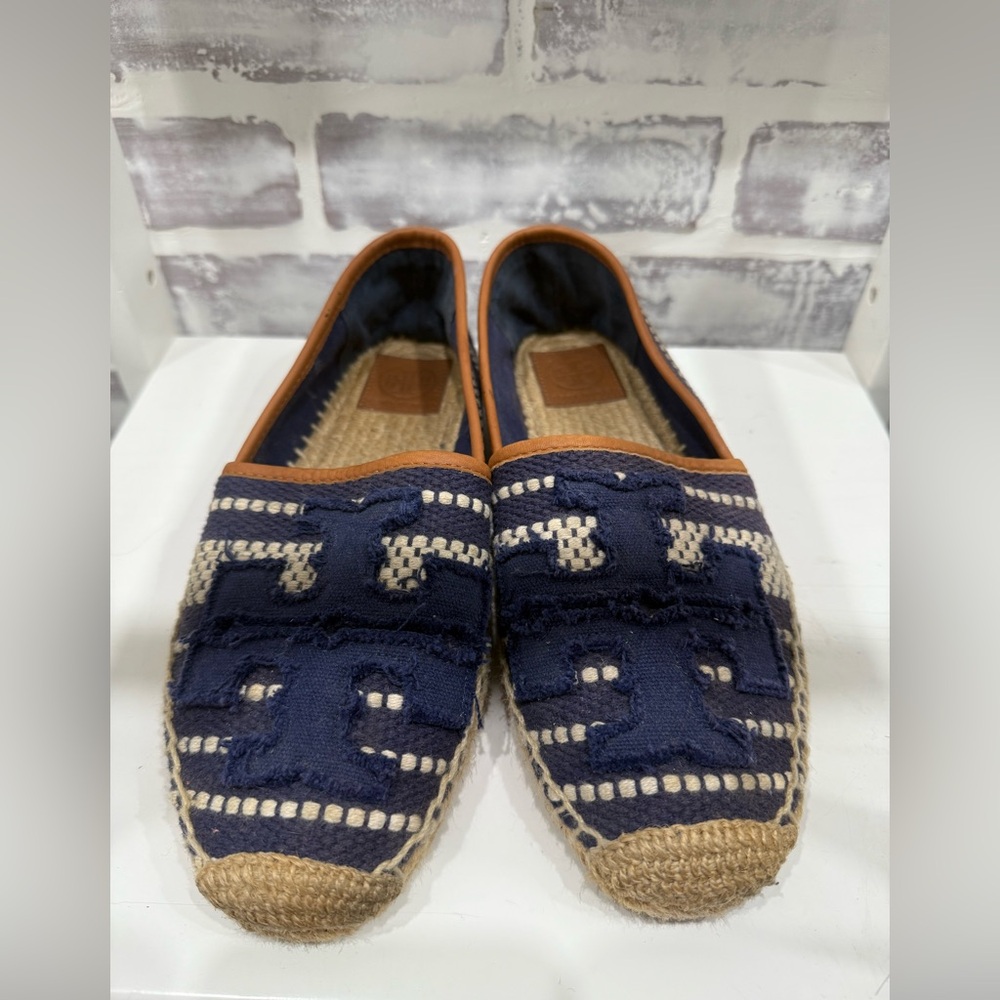 Tory Burch Shaw Espadrille Raffia Shoes Blue and Tan No 33248